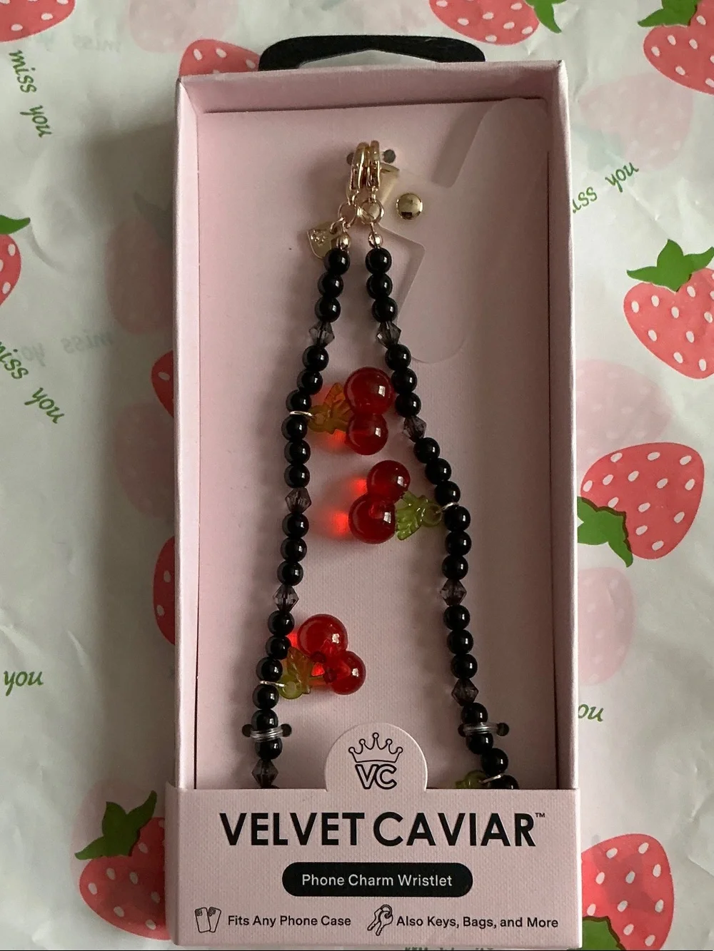 Velvet Caviar Black Beaded Wristlet with Red Cherry Charms